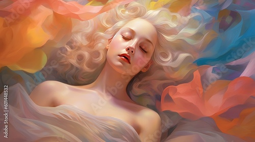 Beautiful young woman asleep lucid dreaming illustration watercolor style pastel colors painting generative ai