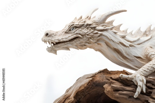 dry wood dragon head close up view isolated on white, ai tools generated image © whitehoune