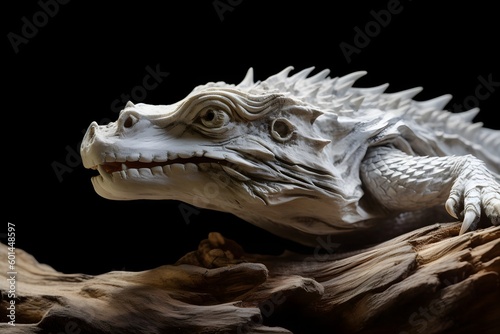 dry wood dragon head close up view isolated on black, ai tools generated image © whitehoune