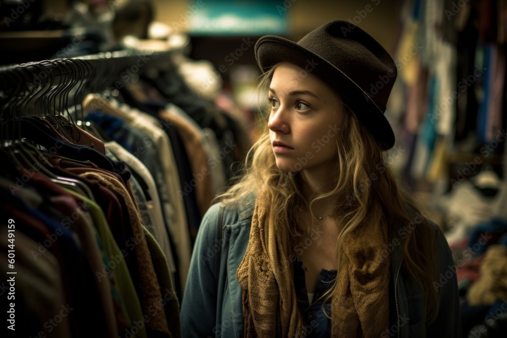 Obraz premium A young woman shopping alone, browsing through racks of clothes and accessories, with a sense of independence and self-reliance. Concept sense of individuality and self-expression. Generative AI