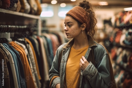 A young woman shopping alone, browsing through racks of clothes and accessories, with a sense of independence and self-reliance. Concept sense of individuality and self-expression. Generative AI