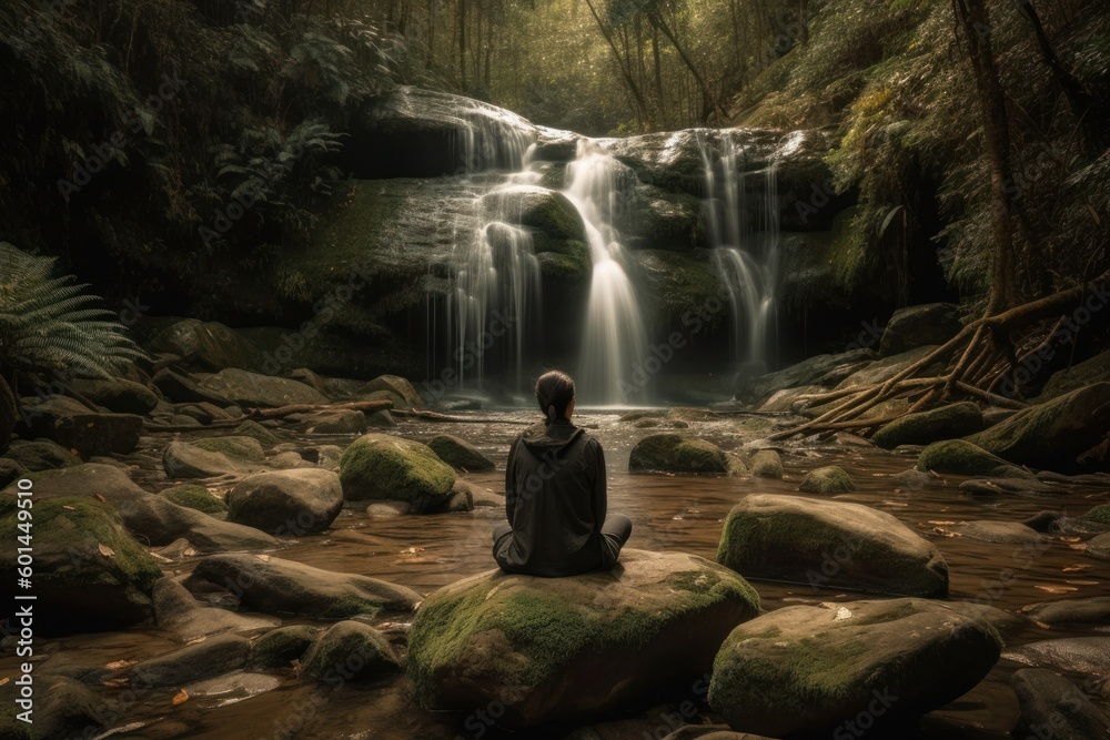 A person meditating in a natural setting, such as a forest with waterfall forest, with the sounds of nature in the background. Concept of harmony and connection with nature. Generative AI A person meditating in a natural setting, such as a forest with waterfall forest, with the sounds of nature in the background. Concept of harmony and connection with nature. Generative AI
