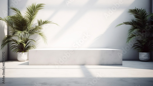 selective focus. interiors of concrete podium or table top with tropical sea background.relax and vacation concepts.generative ai technology