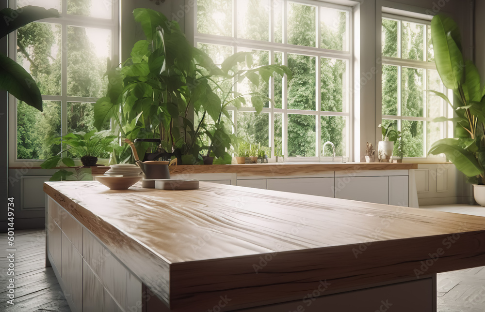 selective focus.Wood table top with livingroom and greeny leaves,foliage of tropical garden.contemporary of kitchen or ivingroom.interiors background.generative ai technology selective focus.Wood table top with livingroom and greeny leaves,foliage of tropical garden.contemporary of kitchen or ivingroom.interiors background.generative ai technology