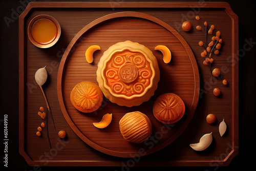 Mid Autumn Festival concept, Traditional mooncakes on table with teacup. Generative Ai