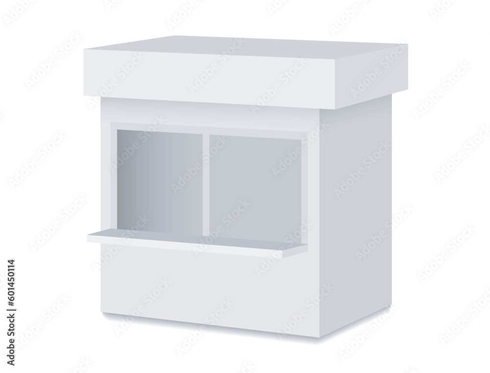 Trade kiosk or counter with a window. Mobile market for outdoor shopping or promotion. 3d Vector realistic Mockup for branding. Exhibition stall isolated on white background. Blank template. EPS 10. Trade kiosk or counter with a window. Mobile market for outdoor shopping or promotion. 3d Vector realistic Mockup for branding. Exhibition stall isolated on white background. Blank template. EPS 10.