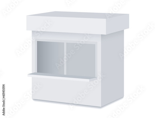 Trade kiosk or counter with a window. Mobile market for outdoor shopping or promotion. 3d Vector realistic Mockup for branding. Exhibition stall isolated on white background. Blank template. EPS 10.