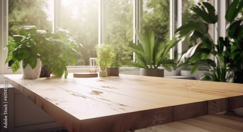 selective focus.Wood table top with livingroom and greeny leaves foliage of tropical garden.contemporary of kitchen or ivingroom.interiors background.generative ai technology