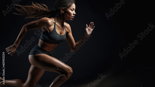 Epic Fitness Action Shot: Beautiful Fit Active Athletic Brunette Woman Sprinting. Diverse Woman of Colour Female Athlete Running Sprints and Training Cardio. Isolated on Black Background Generative AI