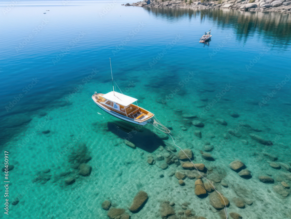 Fototapeta premium Drone view of a boat sailing across the sea
