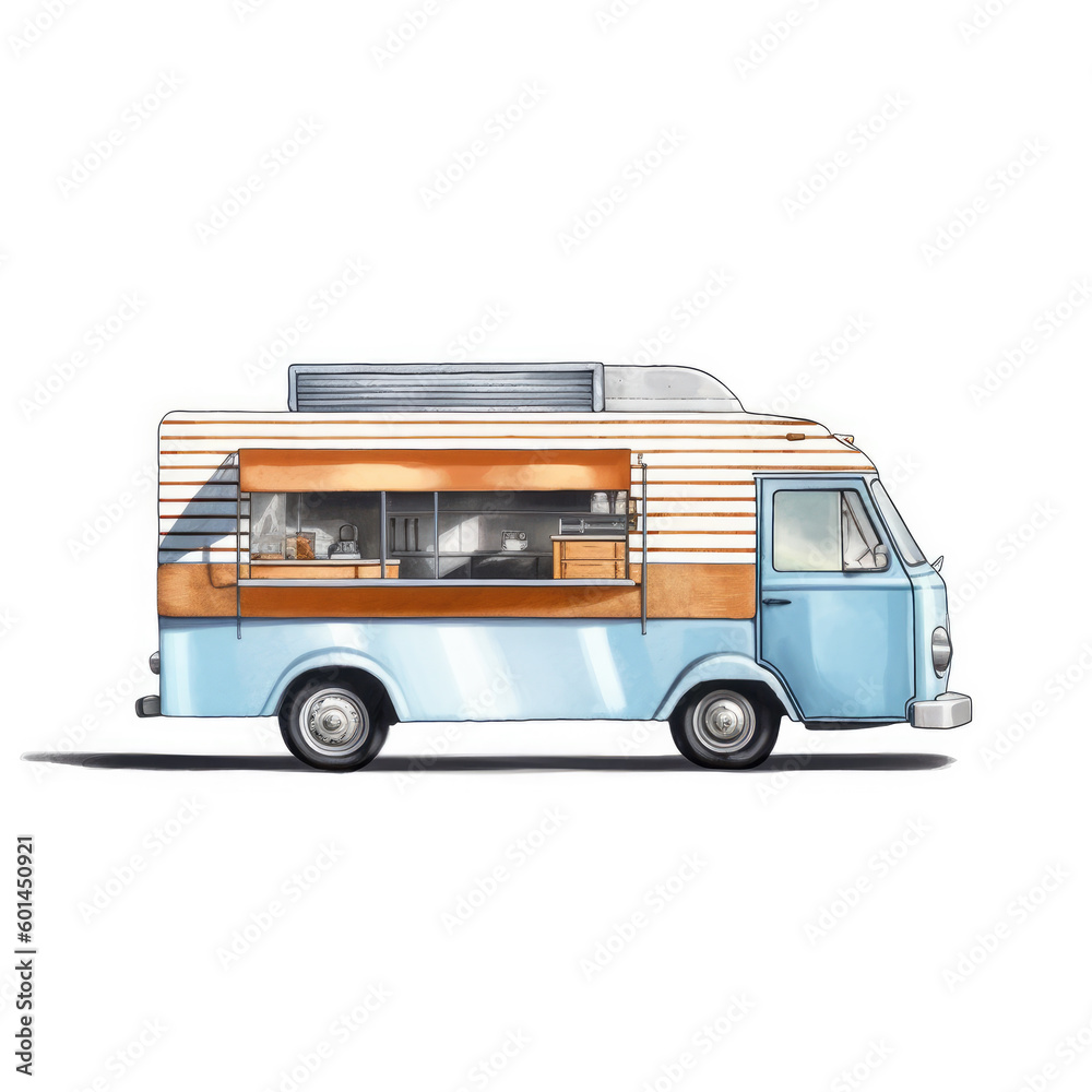 A colorful food truck for serving delicious street food, isolated on a white background, generative AI