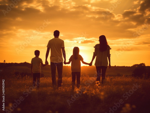 silhouette of family walking at sunset