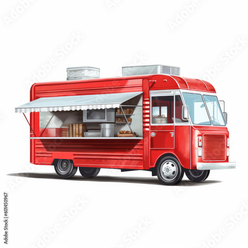 A red food truck for serving delicious street food, isolated on a white background, generative AI