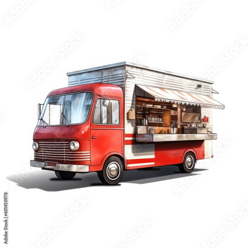 A red food truck for serving delicious street food, isolated on a white background, generative AI