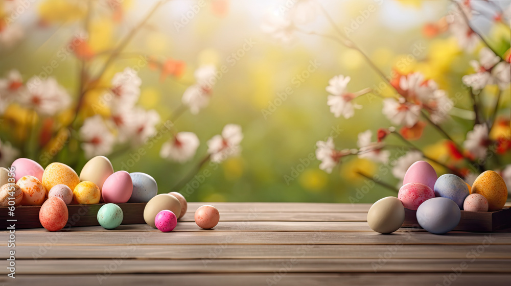 Obraz premium Easter eggs on a wooden floor and a blurred spring meadow in the background. Generative AI