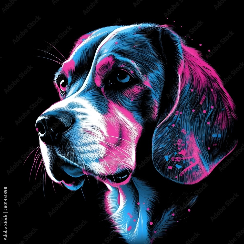 A dog in neon blues and neon pinks and white on a black background
