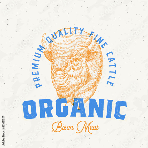 Risograph Style Bison Meat Farm Retro Badge Logo Template. Hand Drawn Buffalo Cattle Face Sketch with Retro Typography. Vintage Steaks Sketch Emblem Print Isolated