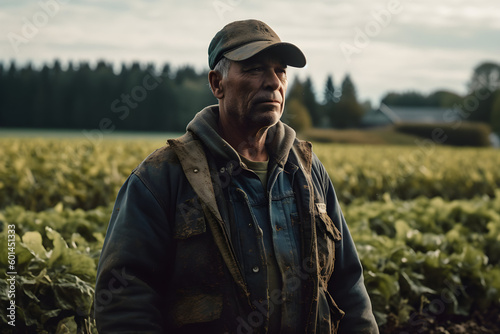 A shot of a regenerative farmer standing in a field, surrounded by a variety of crops and cover crops, AI generated
