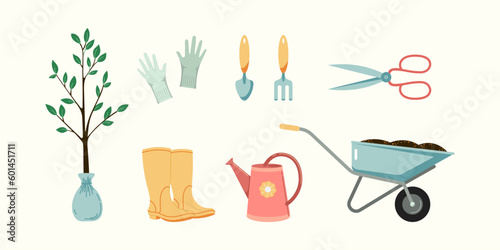 Garden ware flat style vector illustrations set. Gardening equipment and products including tools, garden shoes, wheelbarrow and seedlings collection Isolated