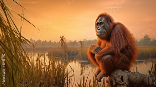 Tapanuli Orangutan in the wild. Endangered species. Generative AI. photo
