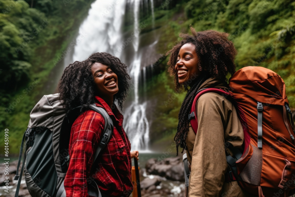 Two afro woman with backpacks hiking and laugh against waterfall. Generative AI.
