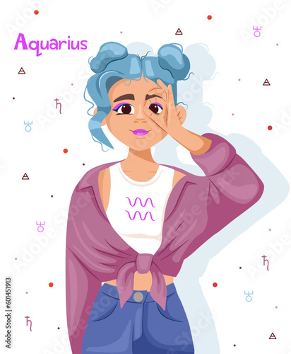 Girl air zodiac sign Aquarius isolated on white background. Astrology and people. Prediction of the future, horoscope, alchemy, spirituality, occultism, fashion. Girl with blue hair and a pink shirt.