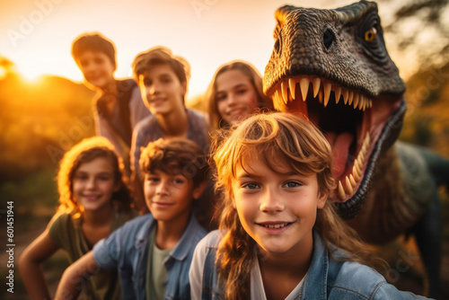 Friendship of children and a dinosaur.  My best friend. Group of kids with dino at sunset making photo together. Generative AI.