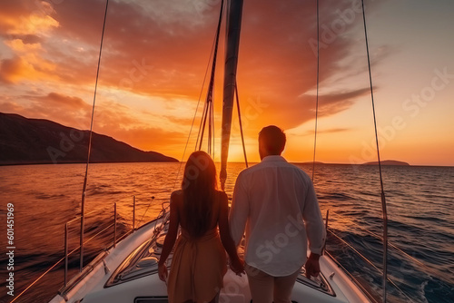 Couple looking in sunset at yacht. Romantic vacation . Generative AI.