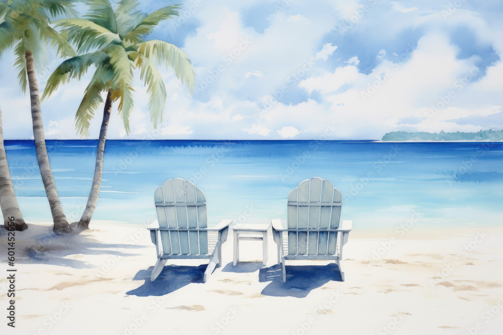 Minimalistic watercolor illustration of a serene beach with sea, pure white sand, chairs and a palm. Tropical holiday concept for postcard. Generative AI