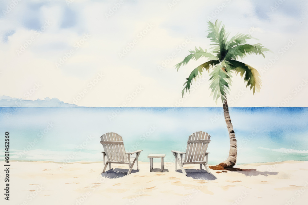 Minimalistic watercolor illustration of a serene beach with sea, pure white sand, chairs and a palm. Tropical holiday concept for postcard. Generative AI