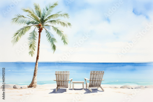 Minimalistic watercolor illustration of a serene beach with sea, pure white sand, chairs and a palm. Tropical holiday concept for postcard. Generative AI © All Creative Lines
