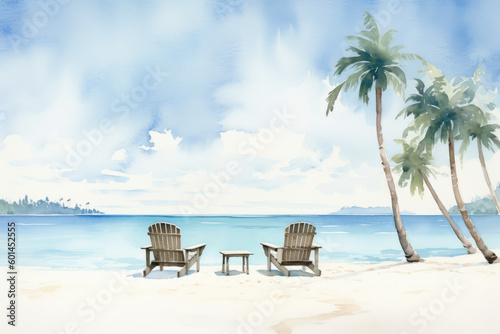 Minimalistic watercolor illustration of a serene beach with sea, pure white sand, chairs and a palm. Tropical holiday concept for postcard. Generative AI © All Creative Lines