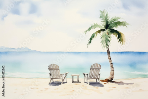 Minimalistic watercolor illustration of a serene beach with sea  pure white sand  chairs and a palm. Tropical holiday concept for postcard. Generative AI