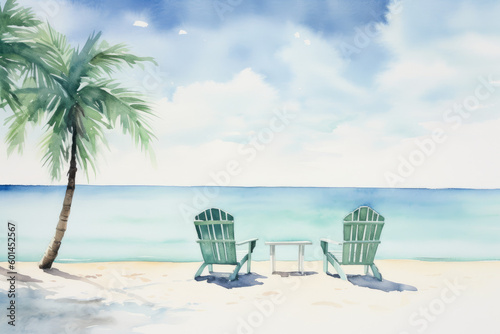 Minimalistic watercolor illustration of a serene beach with sea, pure white sand, chairs and a palm. Tropical holiday concept for postcard. Generative AI © All Creative Lines