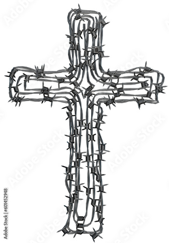 A cross-shaped sculpture made of barbed wire photo