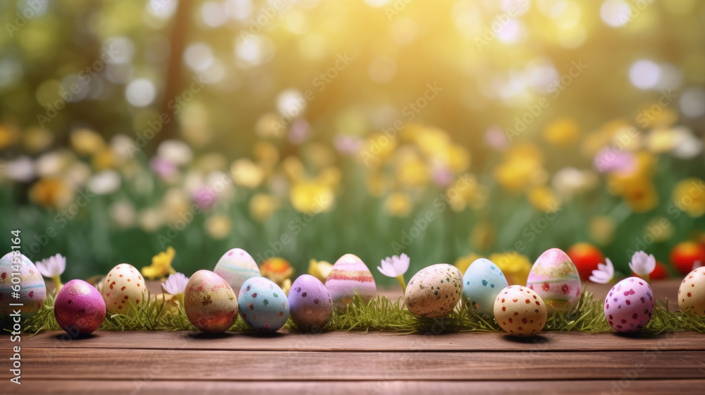 Obraz premium Easter eggs on a wooden table and a blurred spring meadow in the background. Generative AI