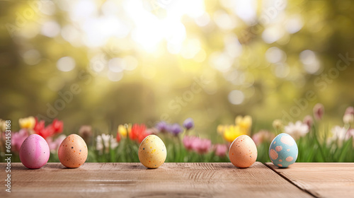 Easter eggs on a wooden table and a blurred spring meadow in the background. Generative AI