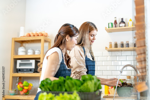 Young women preparing healthy food with salad vegetables. woman stsnding at pantry in a beautiful interior kitchen. The clean diet food from local products and ingredients Market fresh. photo