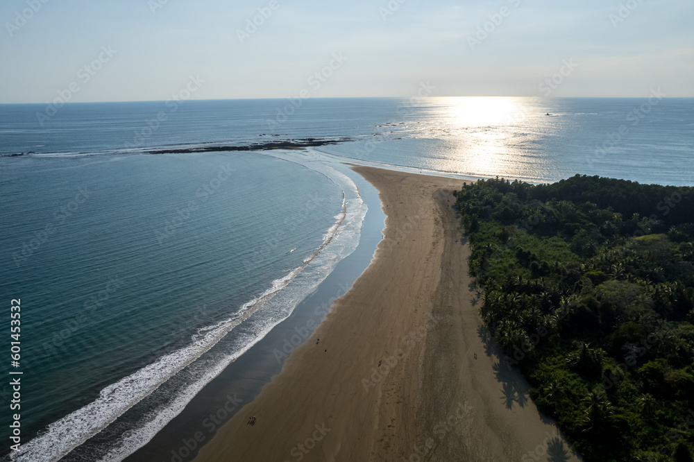 Beautiful aerial view of the majestic whale tale in the beach of the National park Marino Ballena in Costa Rica