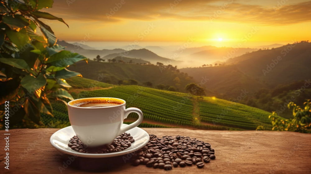 Coffee cup and coffee beans on wooden table with beautiful sunrise and sea fog in the morning background. Coffee cup and coffee beans on wooden table with beautiful sunrise and sea fog in the morning background.