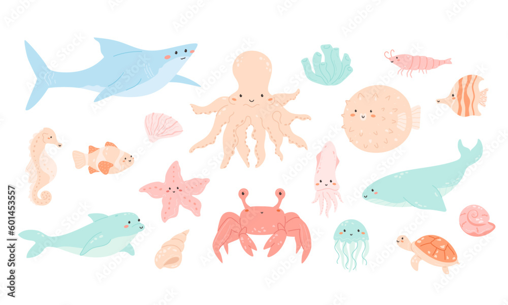 Cute underwater animals set. Sea creatures big collection. Squid, octopus with pretty face, isolated seahorse, shark, cool shrimp, jellyfish, whale, abstract fish. Childish vector illustration.