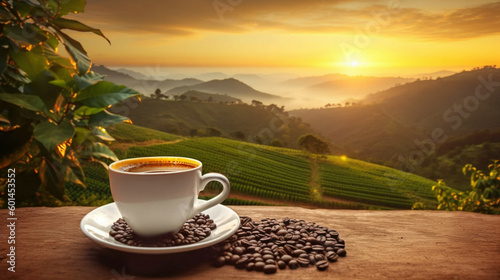Coffee cup and coffee beans on wooden table with beautiful sunrise and sea fog in the morning background.