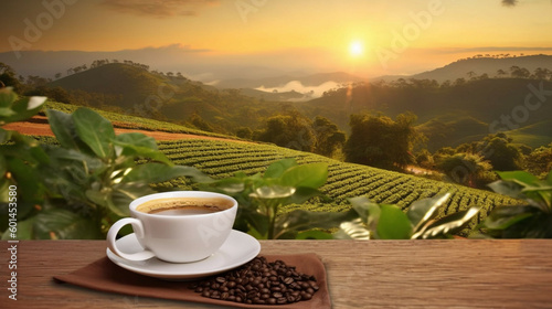 Coffee cup and coffee beans on wooden table with beautiful sunrise background.