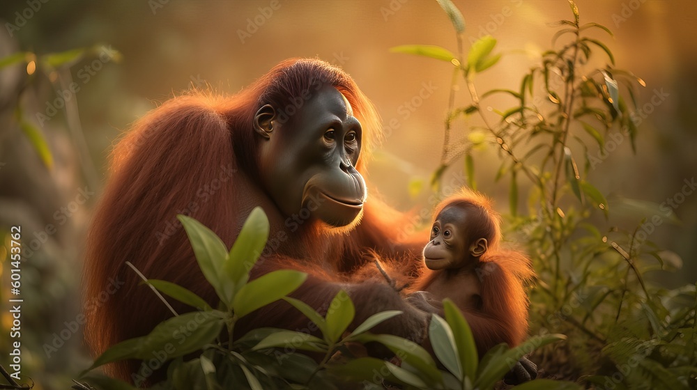 Obraz premium Tapanuli Orangutan mother and child in the wild. Mother and child concept. Father and child concept. Endangered species. Generative AI.