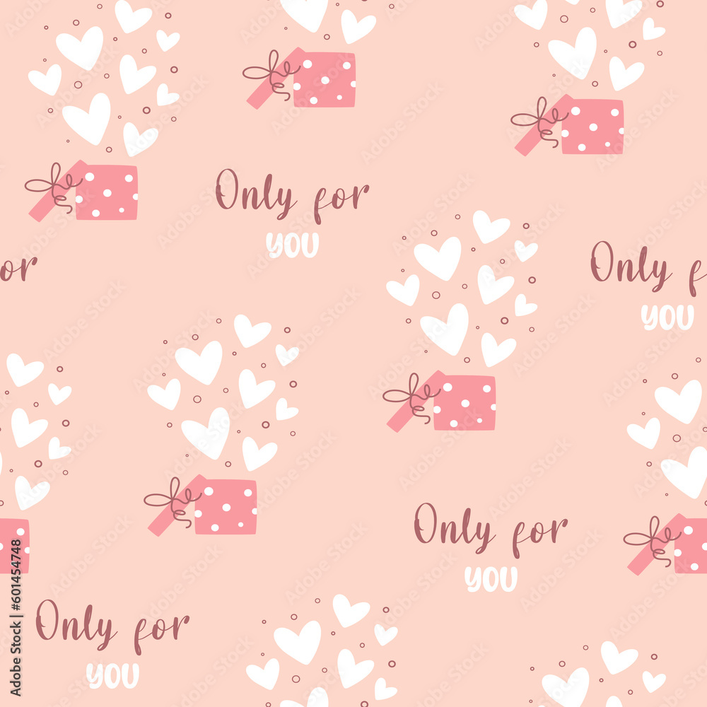 Vector seamless pattern with gift boxes, hearts and text on a pink background. Perfect for gift design, print, wrapping paper, wallpaper, scrapbooking, textile, kids fashion, etc.