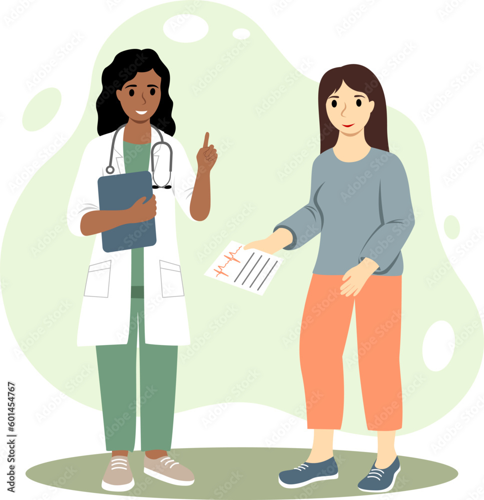 Vector illustration of dark-skinned doctor consultation with girl patient. Therapist in a white coat. Modern medical services and consultation concept. Vector illustration in a flat style.