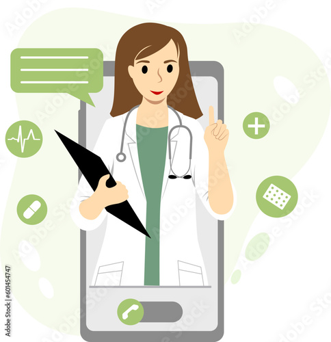Vector illustration of online doctor medical consultation. Modern medical services and online telemedicine concept. Flat vector illustration isolated on white background.