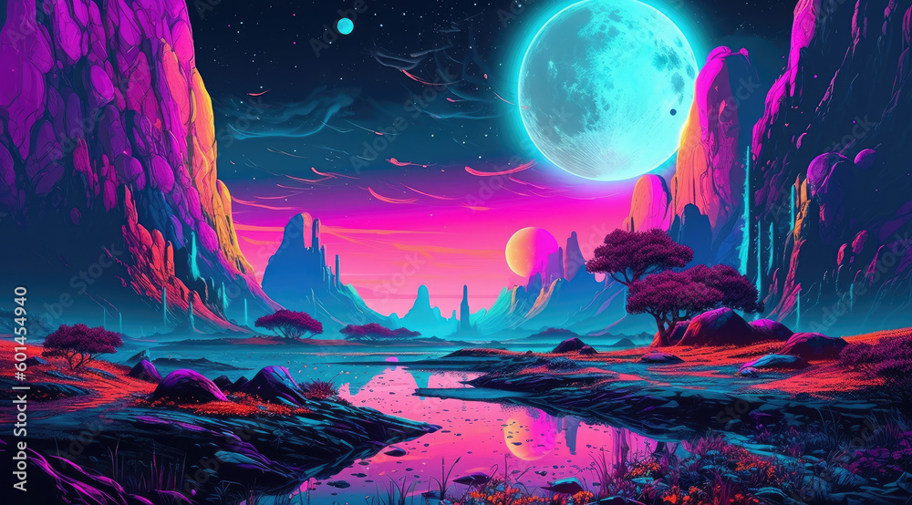 A 3D planet Illustration with a Nostalgic 90's Vibe and Vivid Neon Colors, generative ai