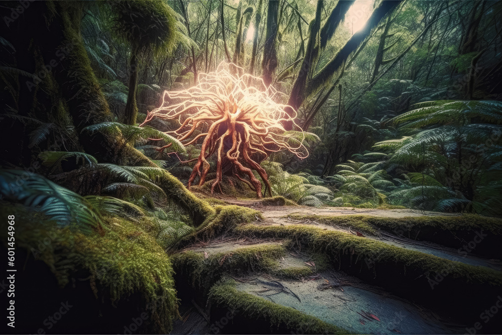 A mystical forest glows with radiant, shimmering sparks of light ...
