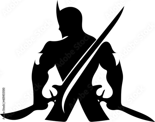 Warrior logo design in black color, vector illustration of a swordsman 